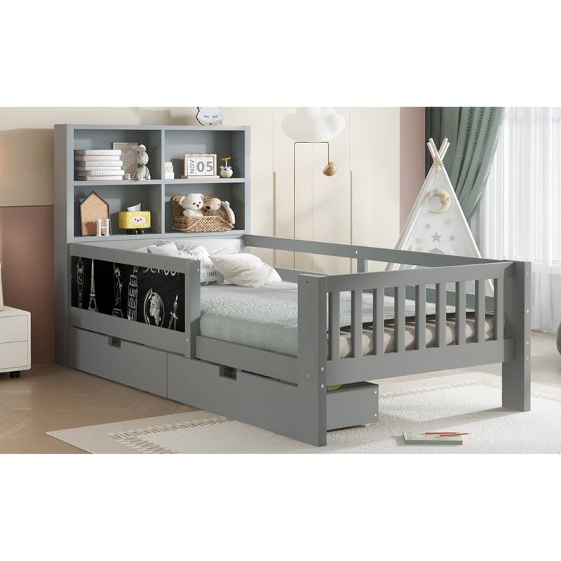Roomfitters Platform Bed with Chalkboard Headboard, Storage Drawers and Shelves, Solid Wood Frame