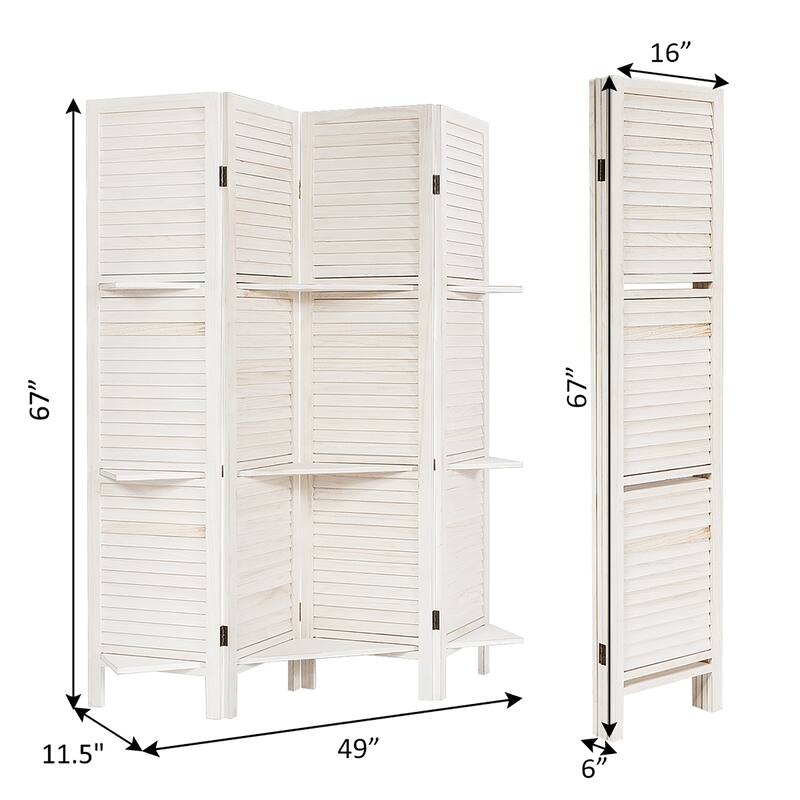 4 Panel 5.6 Ft Tall Wood Room Divider with 3 Display Shelves