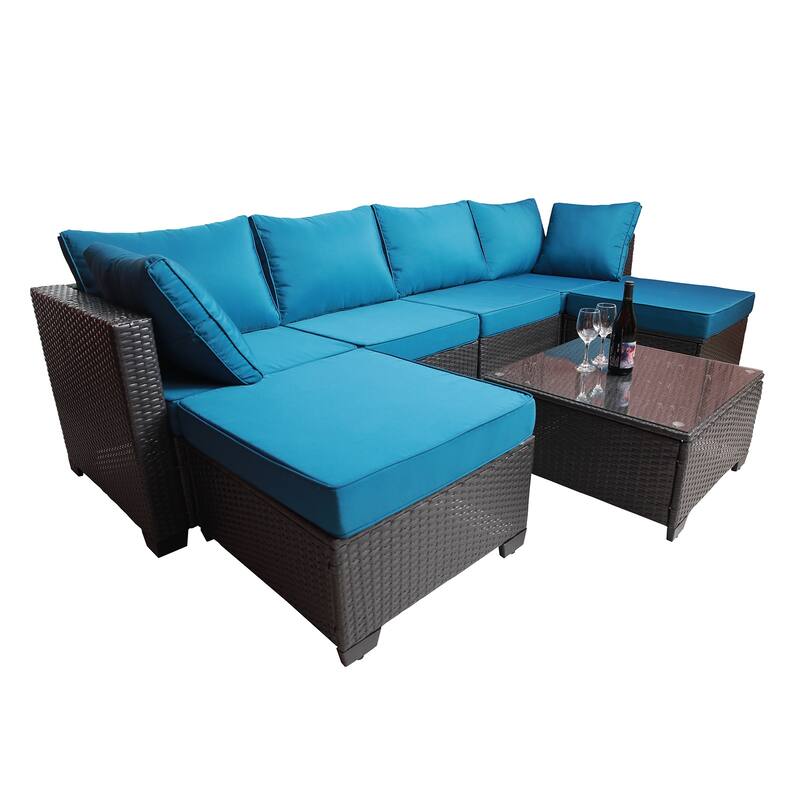 Black+Light Blue 7-piece Outdoor Garden Patio Sofa Sets with Coffee Table, Rust-Resistant Metal Frame