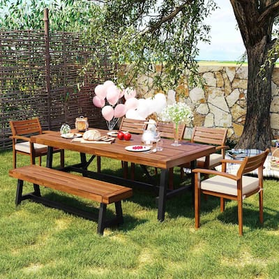 7-Piece Outdoor Wood Dining Set with Removable Cushions