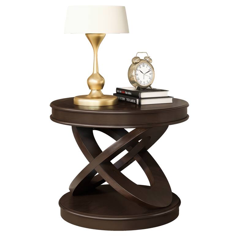 Retro Round Wooden End Table, Sofa Side Table with X-shape Base for Family Dining or Living Room. Espresso