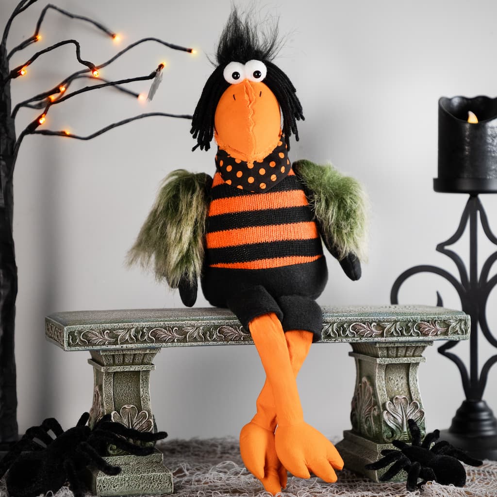 Plush Sitting Crow Halloween Decoration with Dangling Legs - 17"