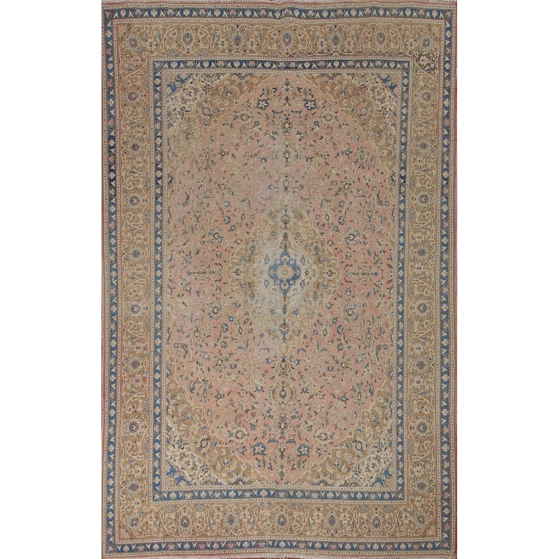 Vegetable Dye Distressed Mashad Persian Rug Antique Handmade Wool Carpet - 7'10" x 10'9"