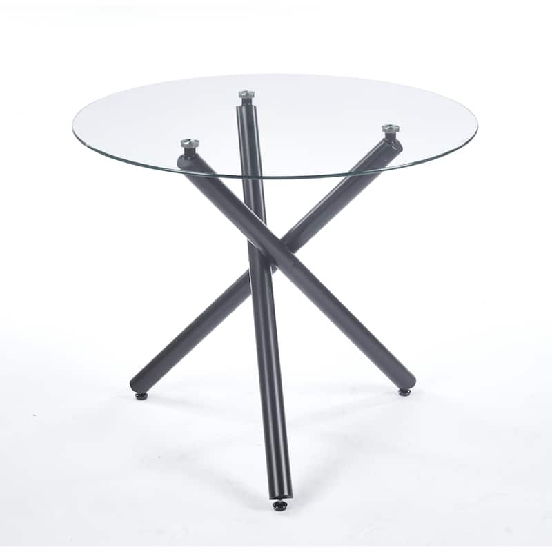Round Glass Dining Table for 2-4 People, Kitchen Table with Glass Top & Metal Legs, Modern Compact Circle Side Desk