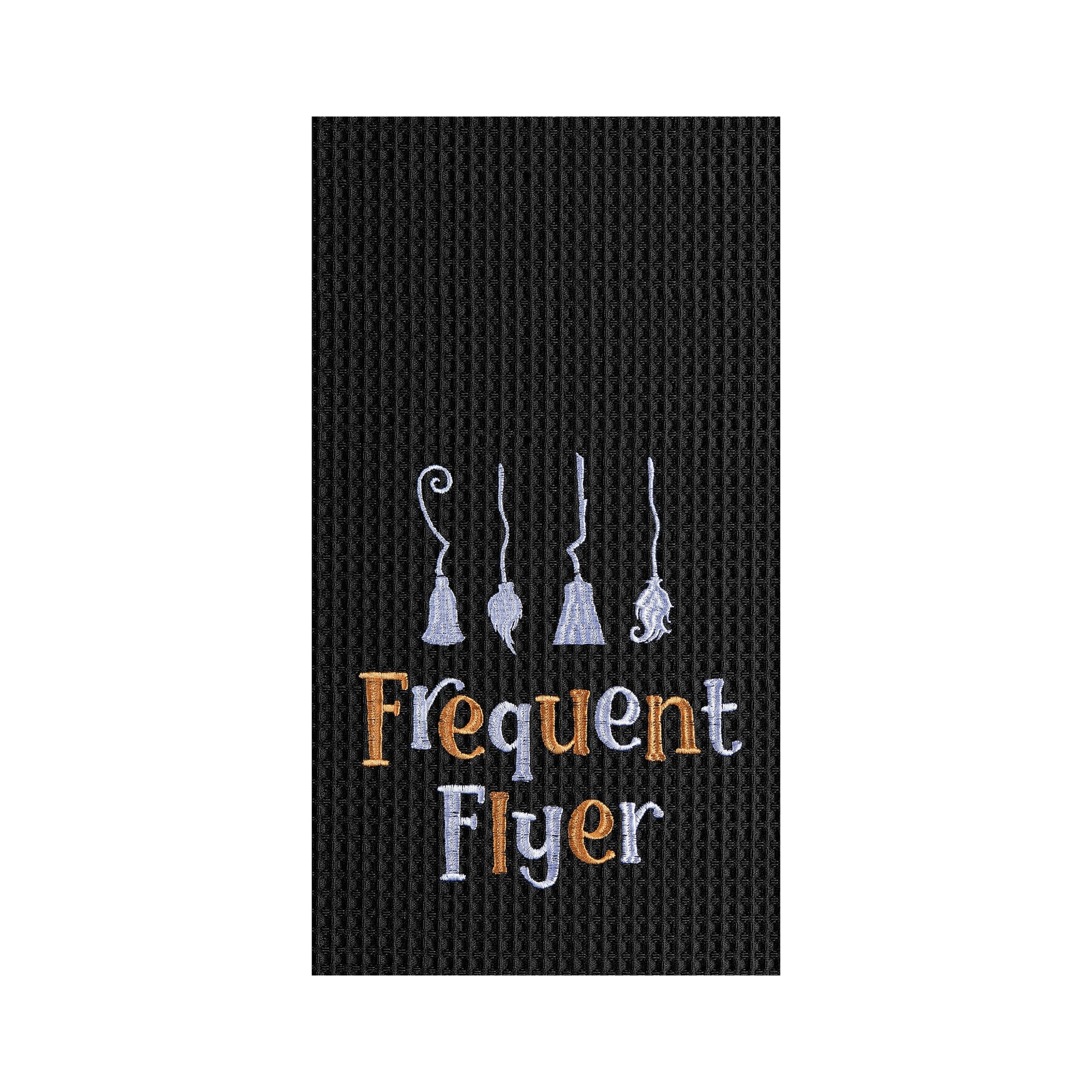 Frequent Flyer Witch Broom Halloween Embroidered Cotton Waffle Weave Kitchen Towel