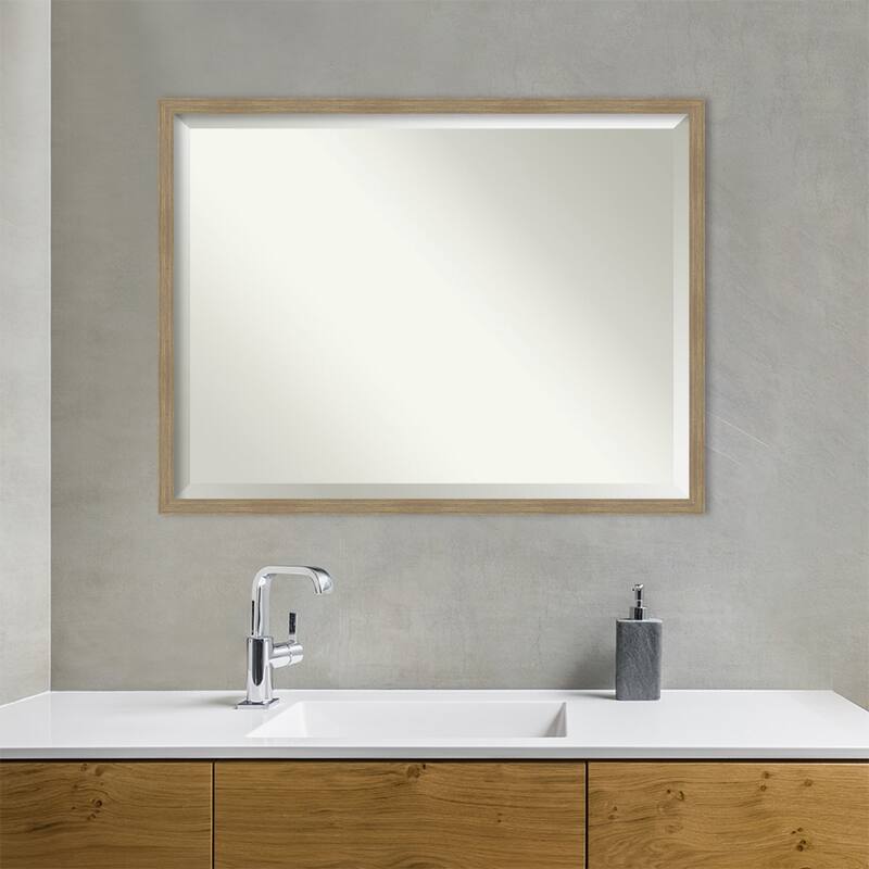 Woodgrain Stripe Beveled Wood Framed Bathroom Vanity Wall Mirror