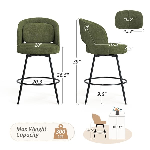 dimension image slide 3 of 4, Swivel Bar Stools Set Of 2/3/4, Metal Bar Stools, Modern Upholstered Bar Stools For Kitchen Island - 20.3"W X 20.3"D X 39"H