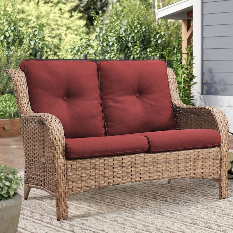 Outdoor Loveseat Sofa 2-Seat PE Rattan Patio Love Seat - Red - Yellow