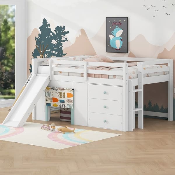 slide 2 of 13, Full Size Low Loft Bed with Built-in Slide, Solid Wood Bed Frame with 3 Storage Drawers & 2 Doors for Kids Boys Girls Bedroom White - Full