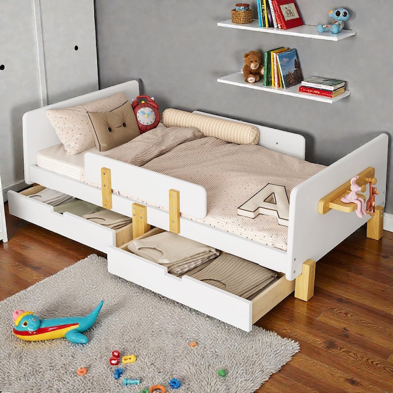 Twin/Full Wood Platform Bed with Storage Drawers, Guardrail, Shelf & Hooks, Solid Wood Frame, No Box Spring Needed