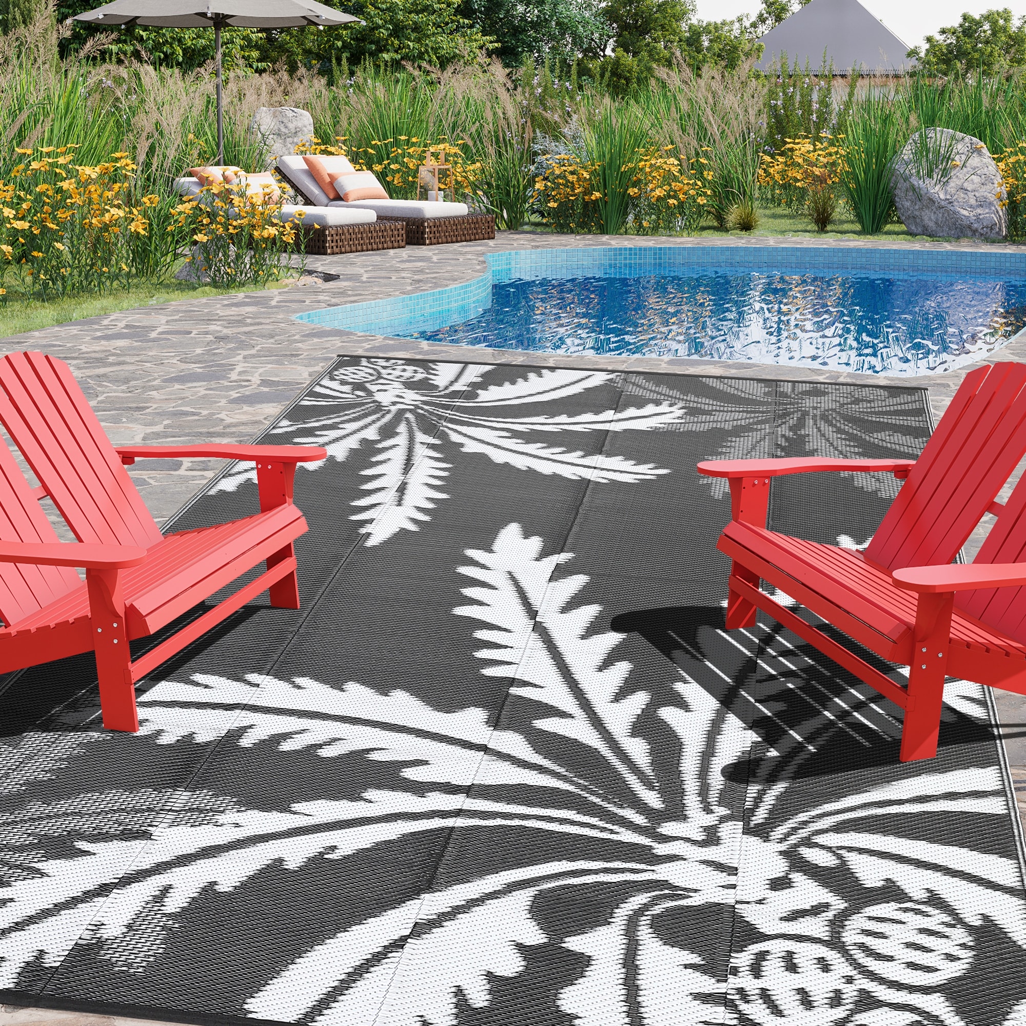 BalajeesUSA 5'x7' Reversible Outdoor Rug 2-Pack – Black & White Moroccan, Portable For Patio, RV, Camping, Beach