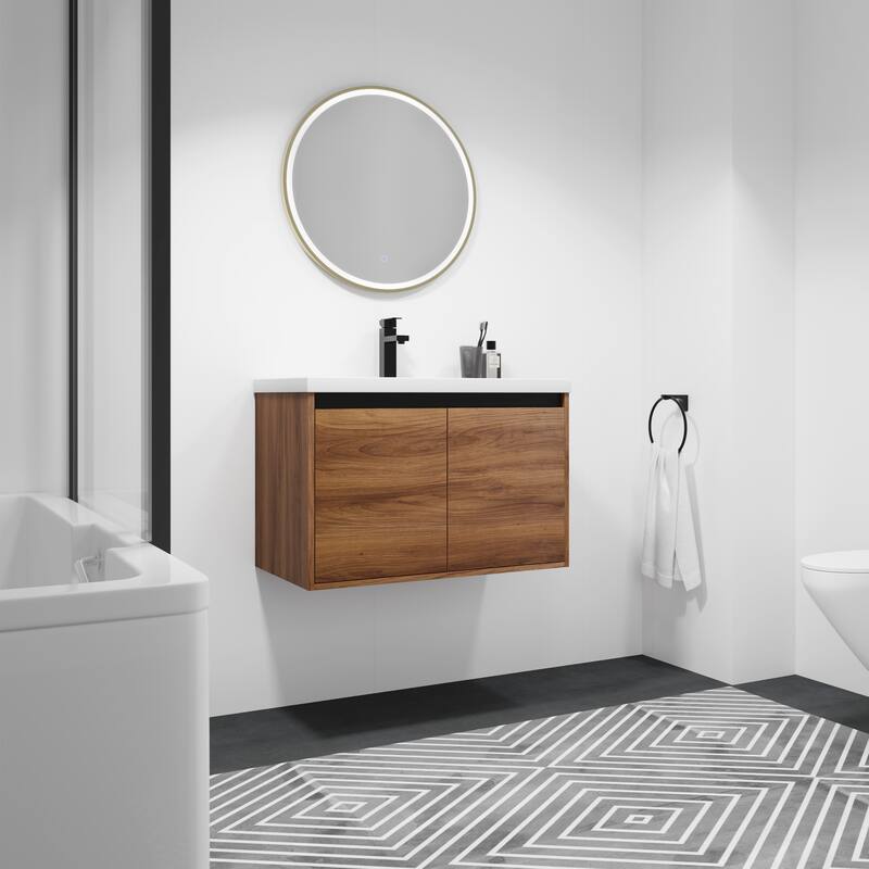 Fully Assembled Black 30 Inch Bathroom Vanity with Ceramic Countertop Sink, Oak 2 Doors Bathroom Cabinet Set