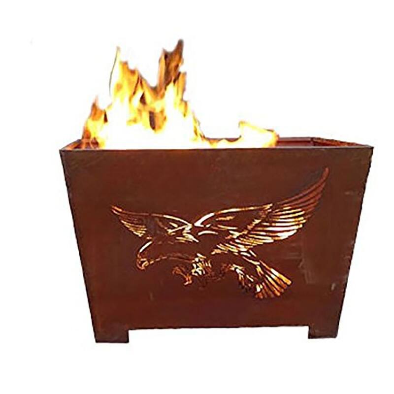 24" Brown Rustic Finish American Flag Eagle Square Outdoor Fire Basket