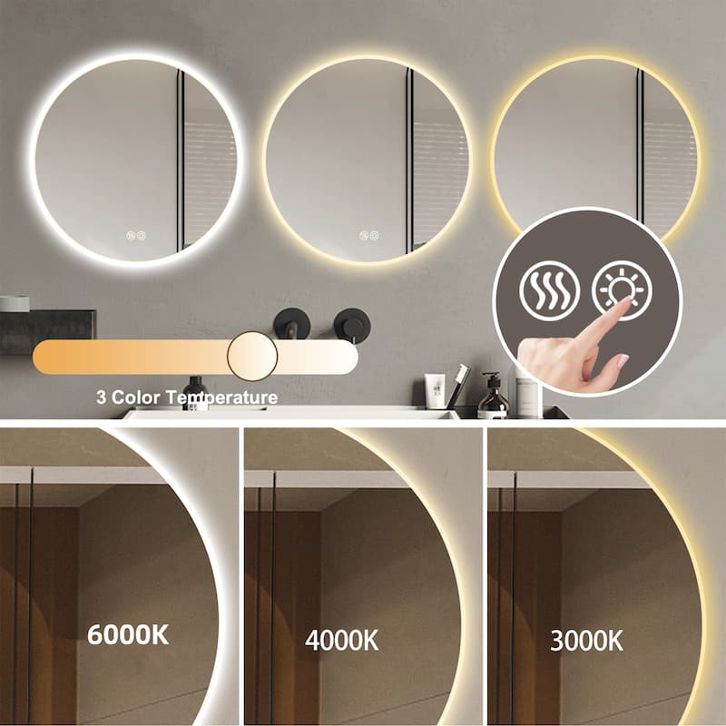 Round LED Bathroom Mirror - Wall-Mounted, Adjustable Color Temperature, Dimming - Silver