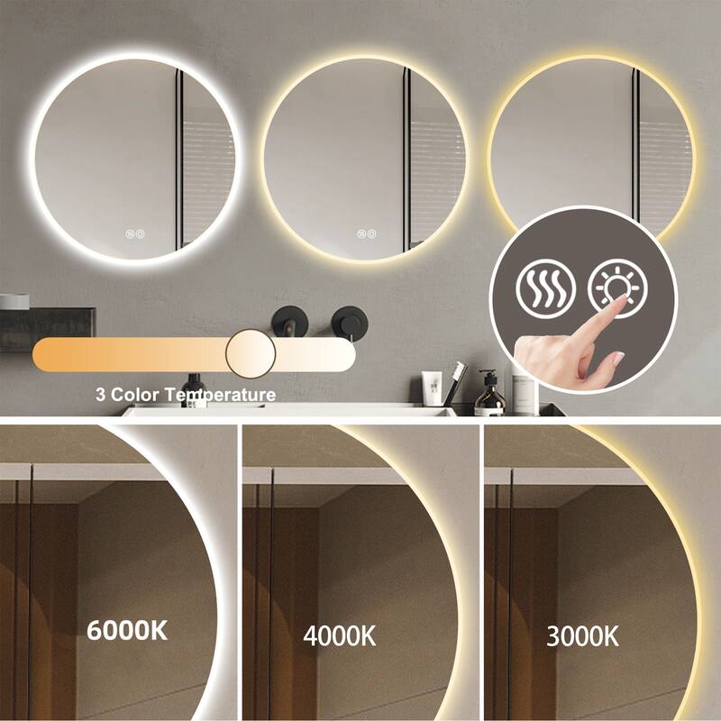 Round LED Bathroom Mirror - Wall-Mounted, Anti-Fog, Adjustable Color Temperature, Dimming - Silver