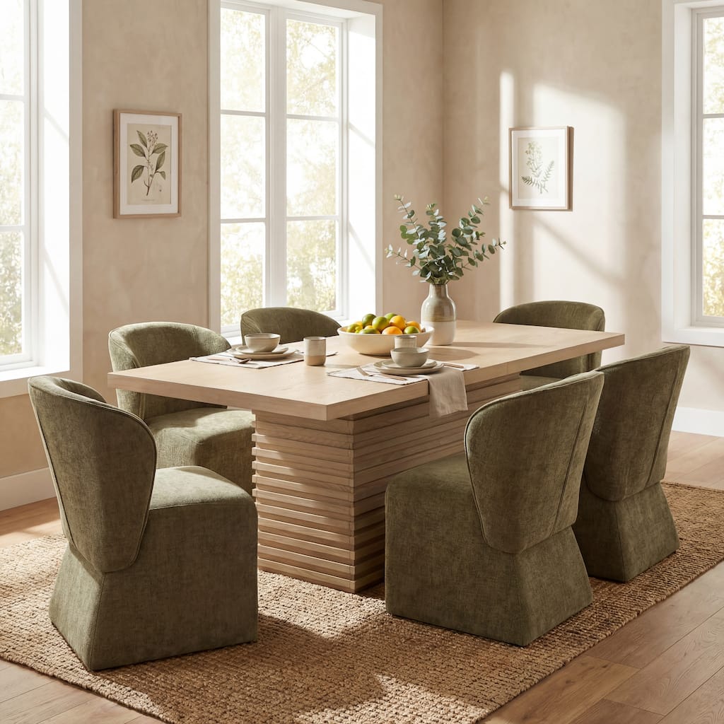Christopher Knight Home - Eddie 7-Piece Upholstered Dining Set with 84" Rectangular Pillar Base Dining Table
