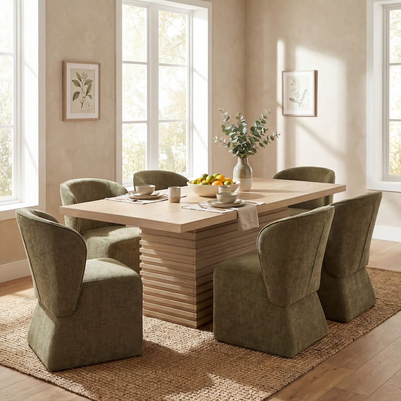 Christopher Knight Home - Eddie 7-Piece Upholstered Dining Set with 84" Rectangular Pillar Base Dining Table - Light Ash+Olive Green