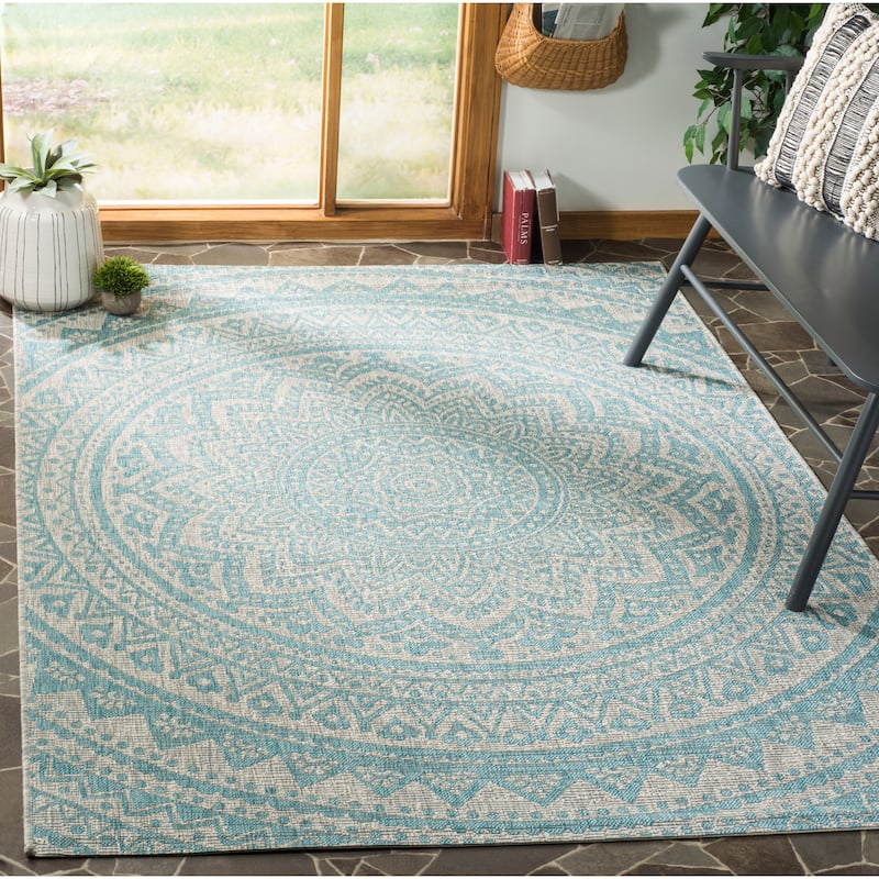 SAFAVIEH Courtyard Fran Mandala Indoor/ Outdoor Waterproof Patio Backyard Rug - 2'7" x 5' - Light Grey/Aqua