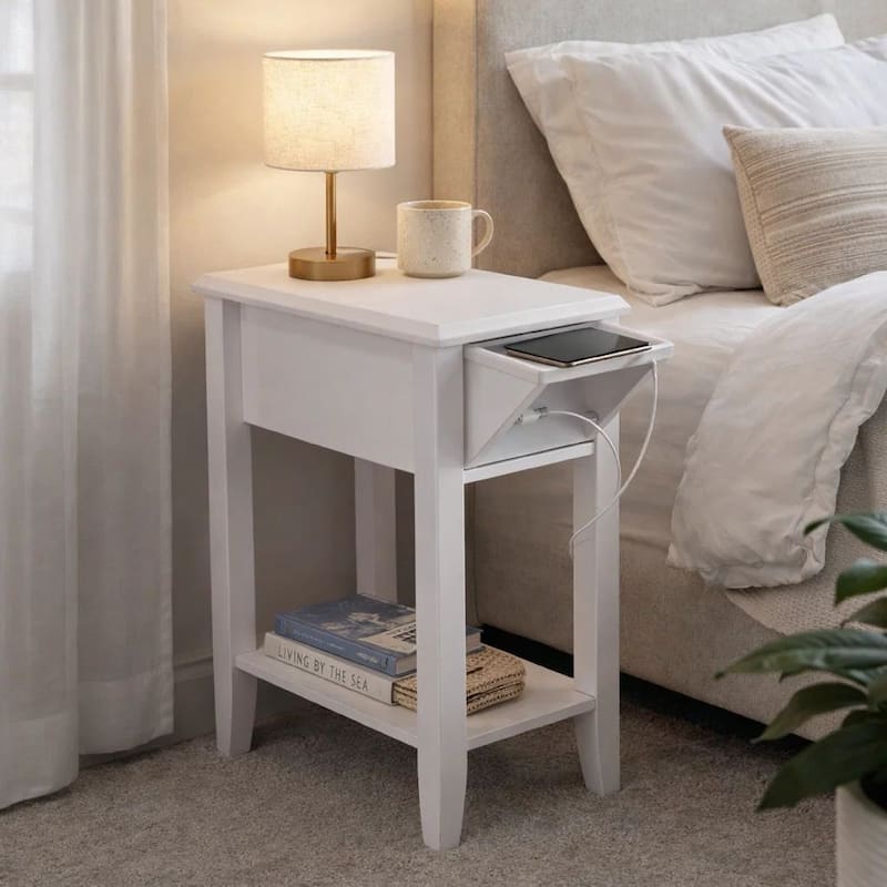 24 Inch Modern Chairside Table with Extendable Drawer and Cupholders, White