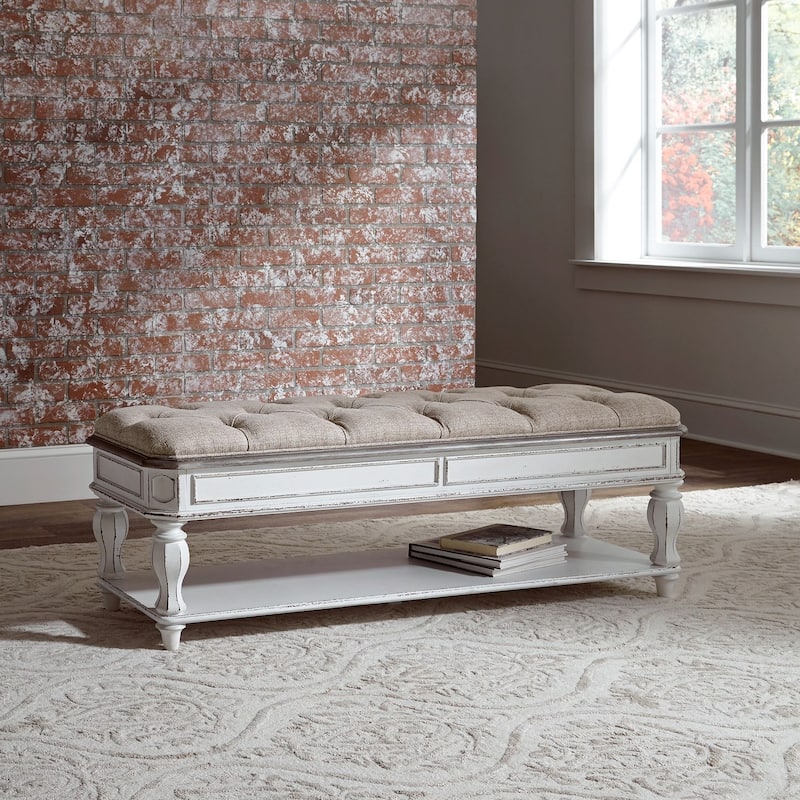 Magnolia Manor Antique White Weathered Bark Bed Bench - Antique White - No Drawers