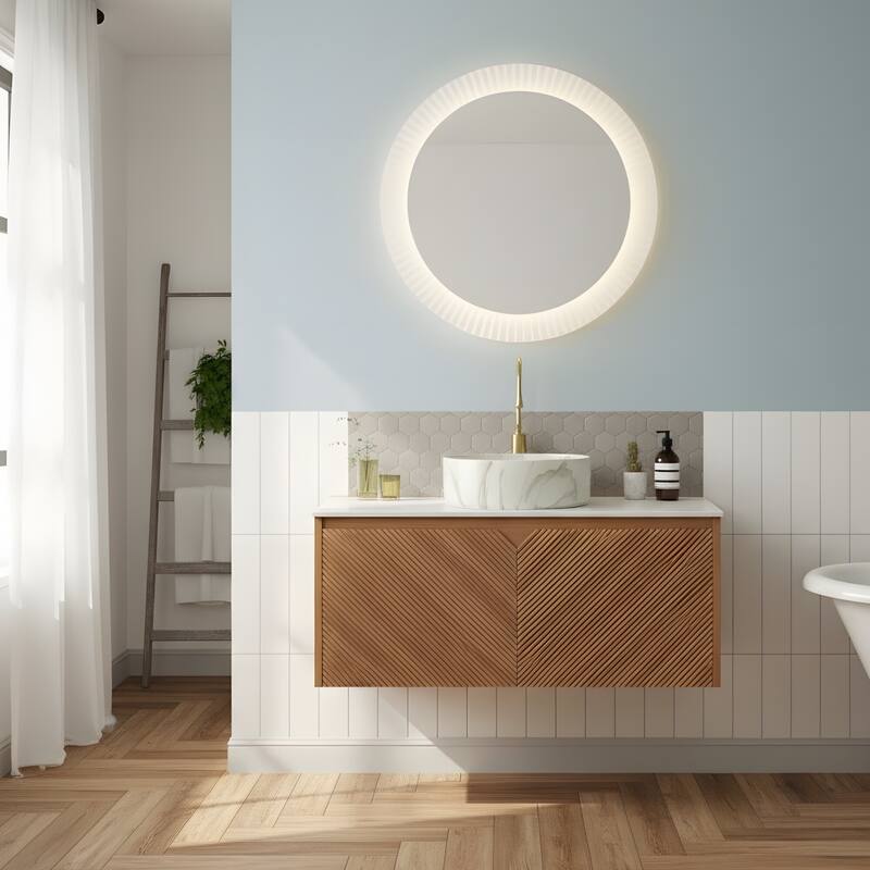 Wall-mounted Bathroom Vanity with Round Vessel Basin - 36 - Brown Oak+Stone White
