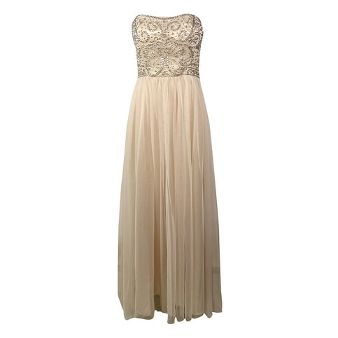 Xscape Women's Beaded Strapless Tulle Gown - champagne/silver - 6