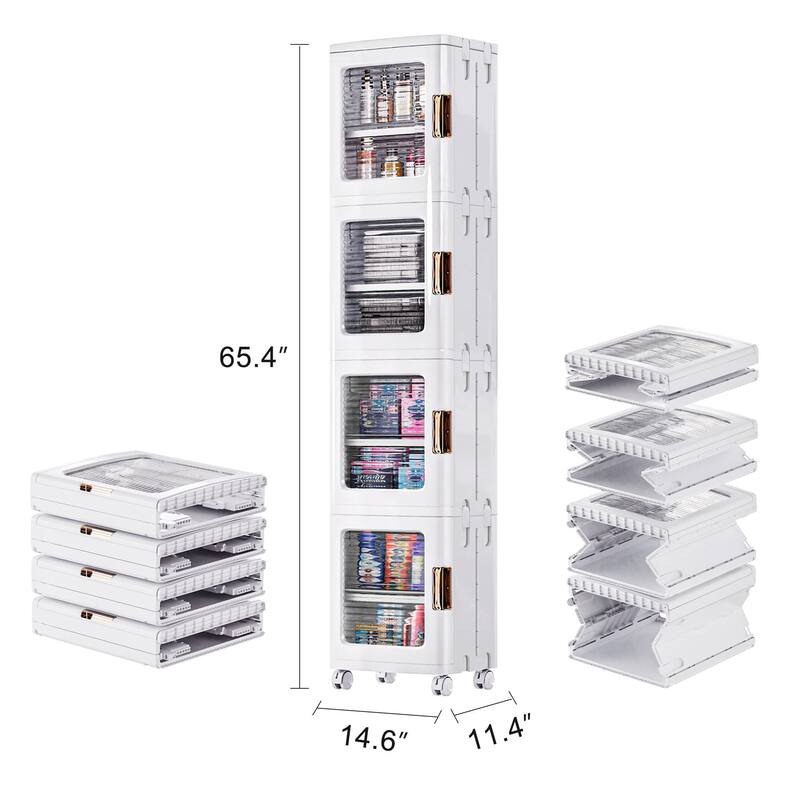 VECELO 65.4" Tall Narrow Storage Bins with Wheels Adjustable Shelves 4-Tier White Plastic Organizer for Bathroom Living Room