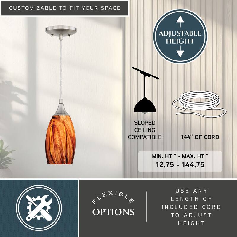 Milano Satin Nickel Mini Pendant Ceiling Light Amber Fire Glass - 4.75-in W x 9.75-in H x 4.75-in D