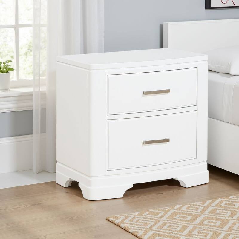 Hudy 2 Drawer Nightstand, Metal Handles, 26 Inch, White Birch Veneer