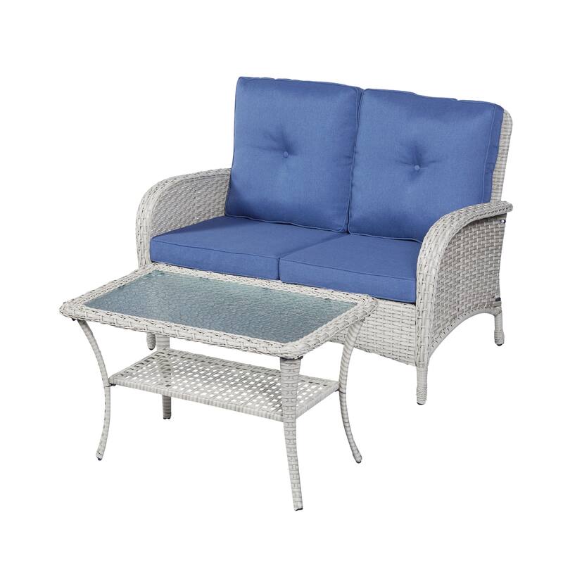 Gymojoy Outdoor Loveseat Sofa Club Chair Table Set with PE Wicker