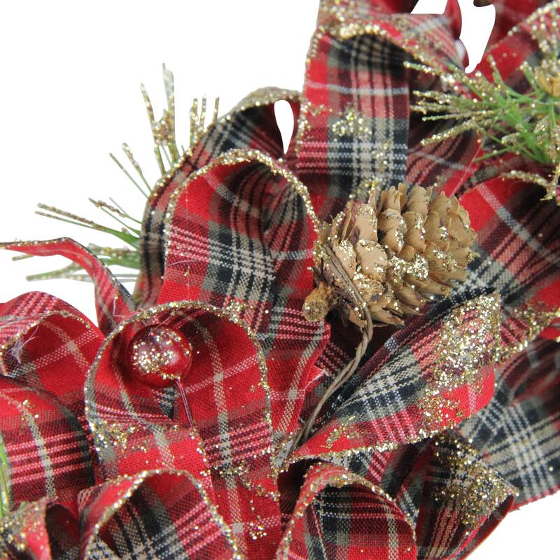 Red Plaid Bows Pine Cones Artificial Christmas Wreath 14.25 Inch Unlit