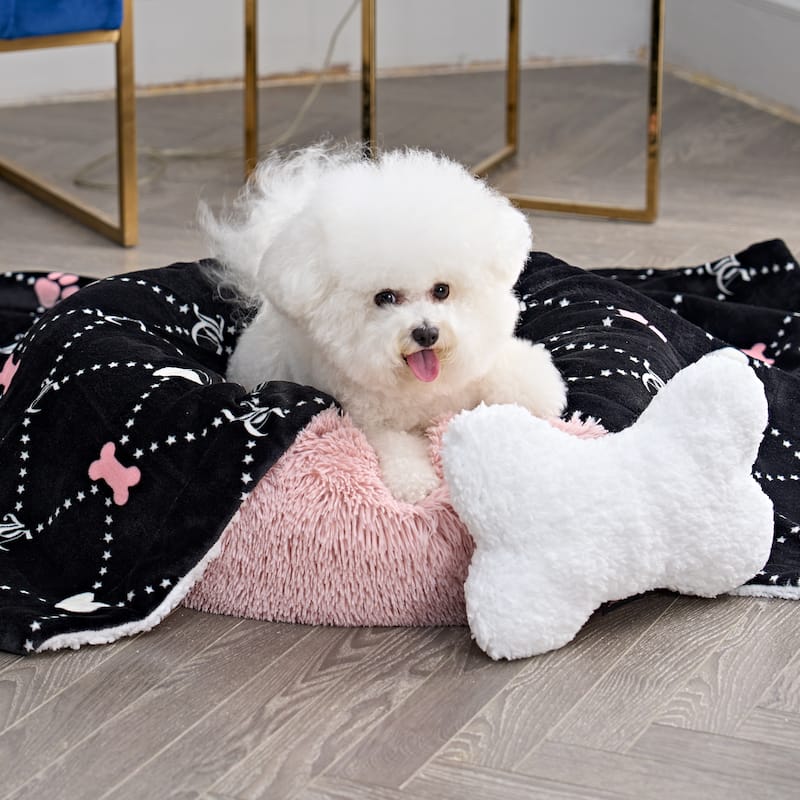 Juicy Couture Paw & Heart Plush Throw and Sherpa Bone Pillow - 50x60 - Black