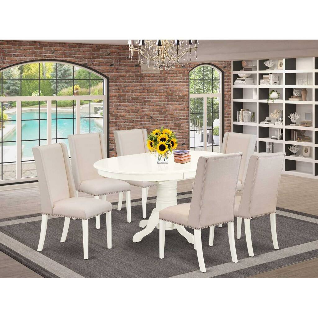 HomeStock 7-Pc Linen White Finish Solid Wood Top Dining Table with 6 Parson-Chairs