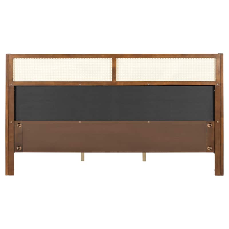 Christopher Knight Home - Mid-Century Upholstered Wood Low-Profile Platform Bed with Rattan Weaving Headboard