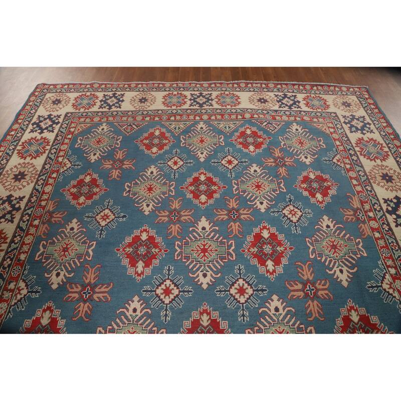 Blue Geometric Kazak Area Rug Handmade Traditional Wool Carpet - 8'2" x 11'6"