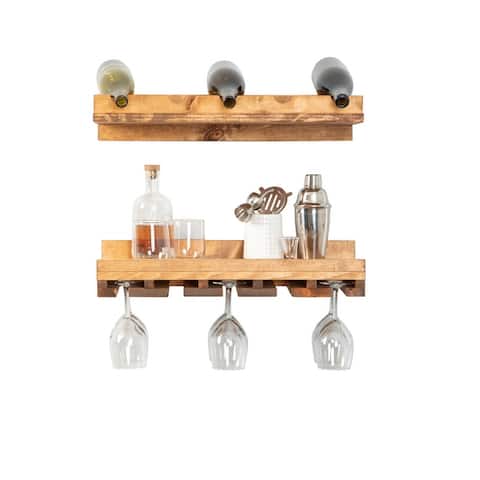 Rustic Handmade Wall Mounted Two Tiered Solid Wood Wine Rack Bottle and Stemware Set