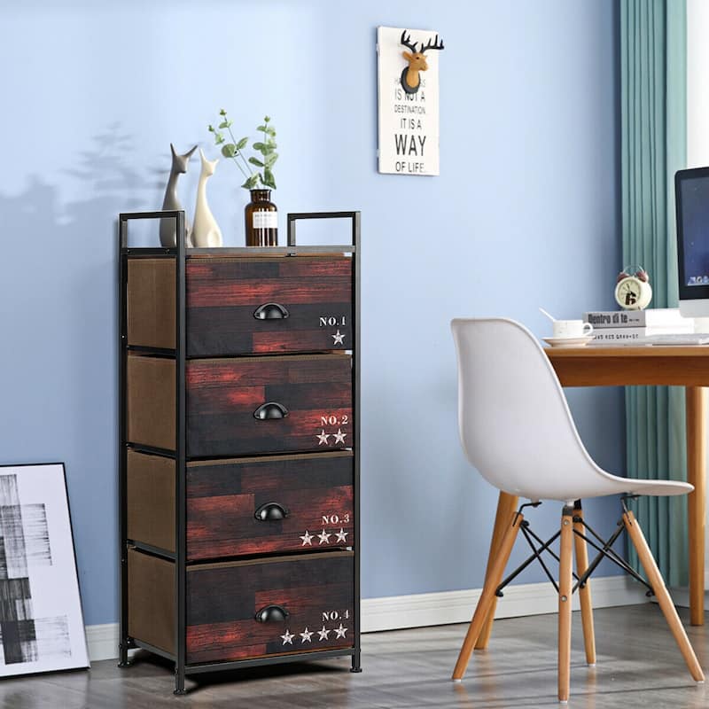 Dark Brown Fabric 4-Drawer Storage Tower with Metal Frame MDF Top and Adjustable Feet for Bedroom Closet or Office