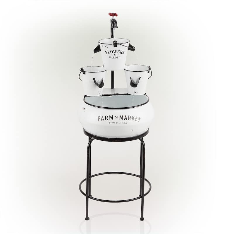 Alpine Corporation 36" Outdoor Floor Buckets with Faucet Water Fountain Vintage, Charming Fountain for Patio & Yard, White