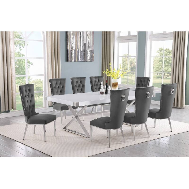 Best Quality Furniture D442/3-SC330-7 Dining Set with 94" White Lacquer Wood Top - 9-Piece - Dark Grey / Silver