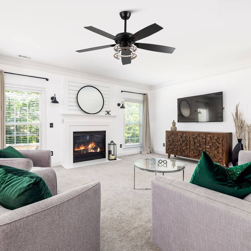 52" Farmhouse Matte Black Reversible Integrated LED Dimmable Reversible Ceiling Fan with Light and Remote