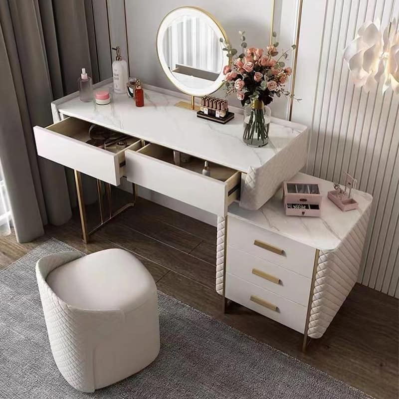 Luxury Makeup Vanity Set with LED Lighted Mirror, Side Cabinet