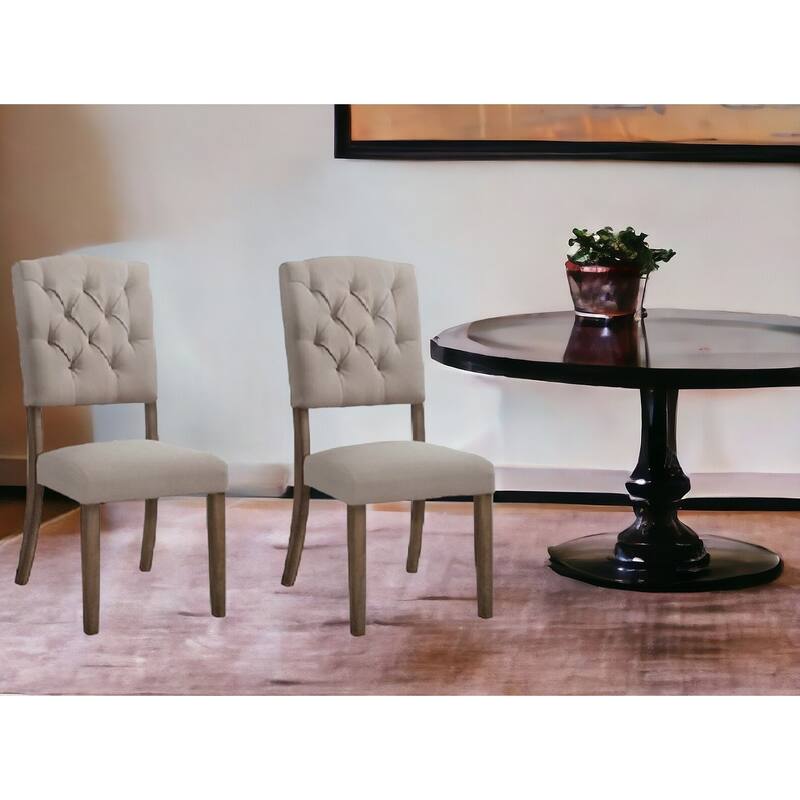 Set of Two Tufted Cream And Brown Upholstered Linen Open Back Dining Side Chairs - Set of 2