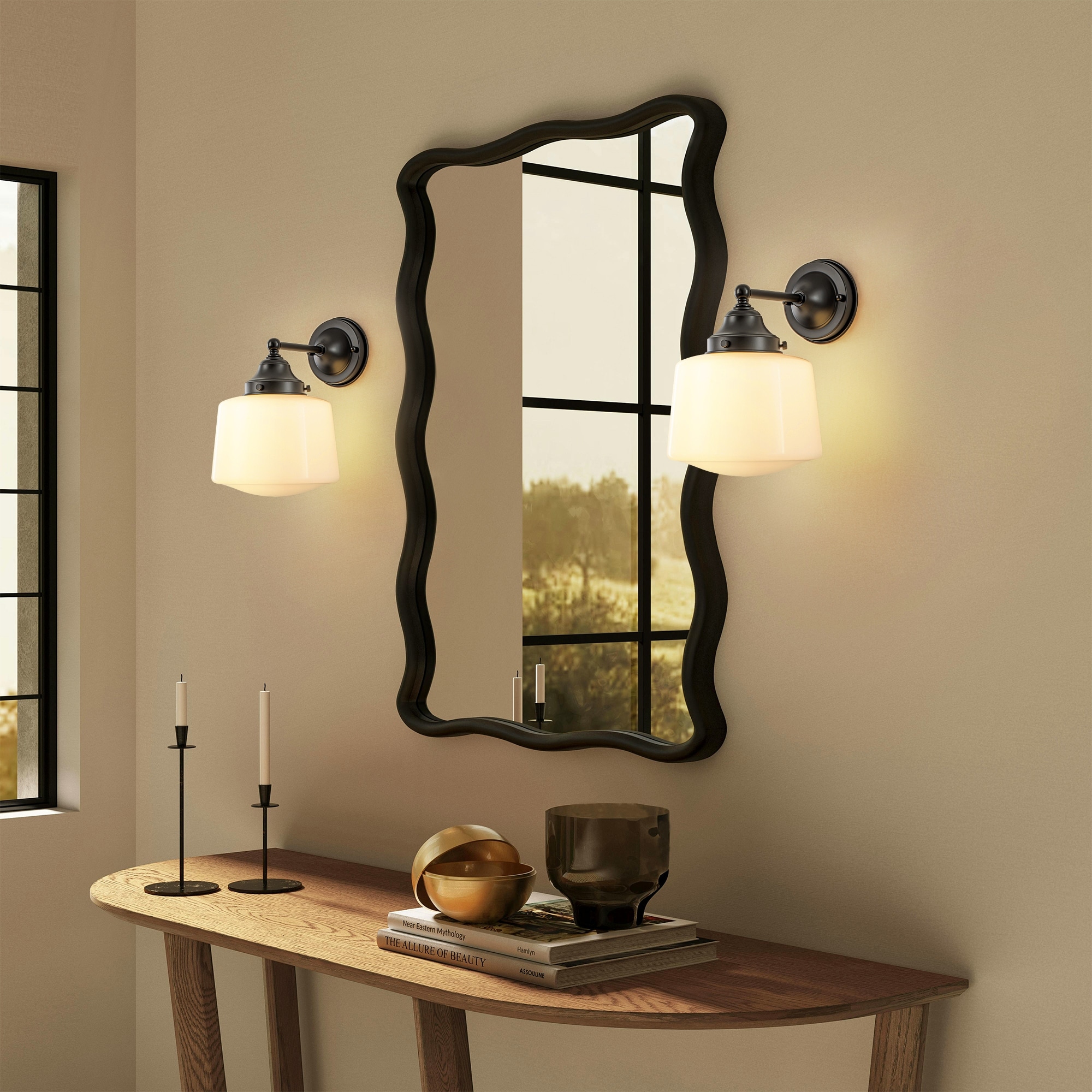 Black 2-Light Vanity Light For Over Mirror – Modern Bathroom Wall Sconce With Milk White Glass Flower Shades, E26 Socket (Bulbs Sold Separately)