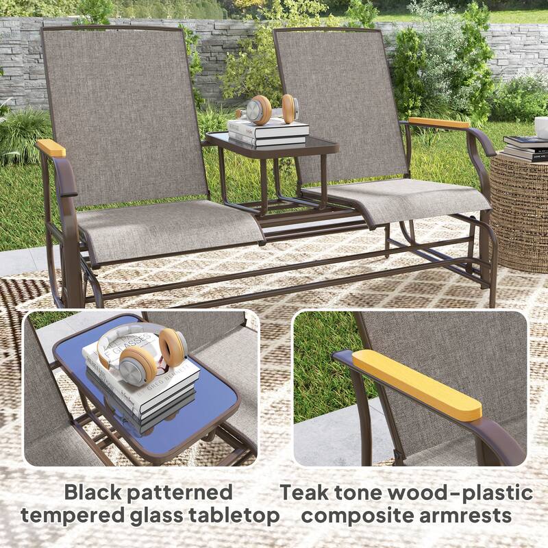 Outsunny 2 Person Outdoor Glider Bench, Patio Swing Glider Chair Loveseat with Breathable Mesh, Table, Steel Frame