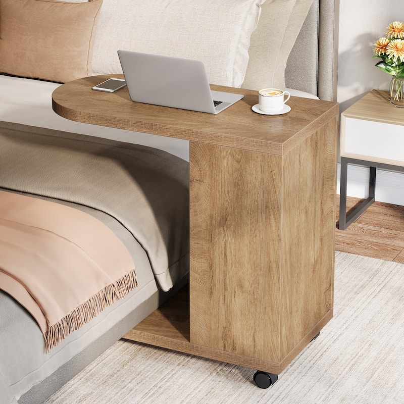 C Shaped Sofa Side Table, Mobile Bedside End Table with Storage