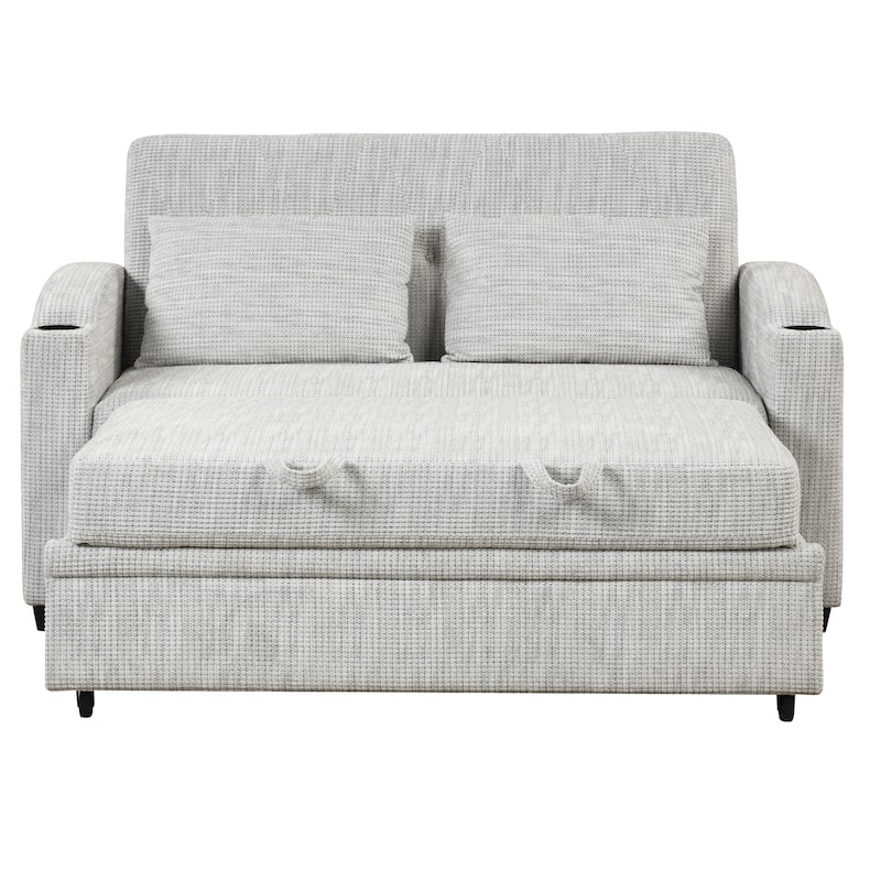 61.6" Pull Out Sofa Bed with Adjustable Backrest, 2 Pillows, Cup Holders & USB Ports, White Gray, Chenille