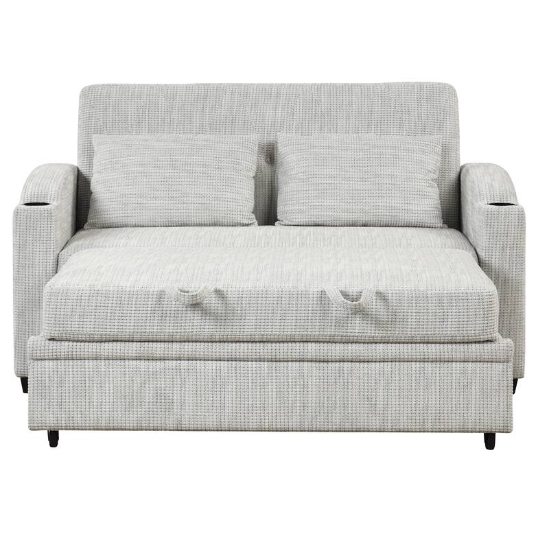 Pull Out Sofa Bed Modern Chenille Convertible Loveseat Sofa With Adjsutable Backrest, 2 Pillows, Cup Holders, Usb Ports