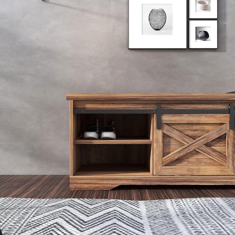 47" Farmhouse Shoe Bench with Padded Cushion, 2-Tier Shoe Storage Cabinet for Entryway - 47.24'x 15.35'x 17.72'