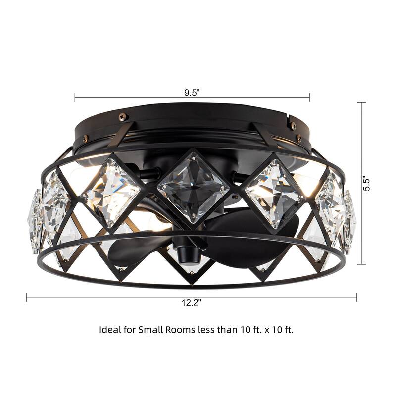 12.2" Black Small Caged Crystal Ceiling Fan Ceiling Light with Remote