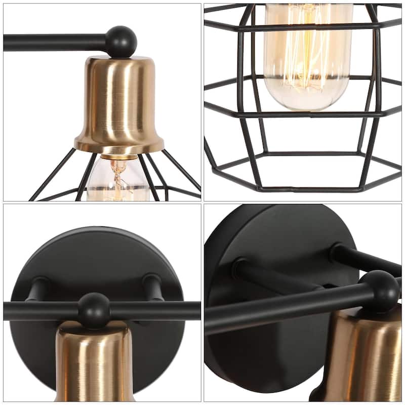 Modern 3-Light Gold Black Dimmable Lantern Cage Bathroom Vanity Lights Reversible Sconces - Black & Gold - L 21"x W 6.5"x H 9.5"